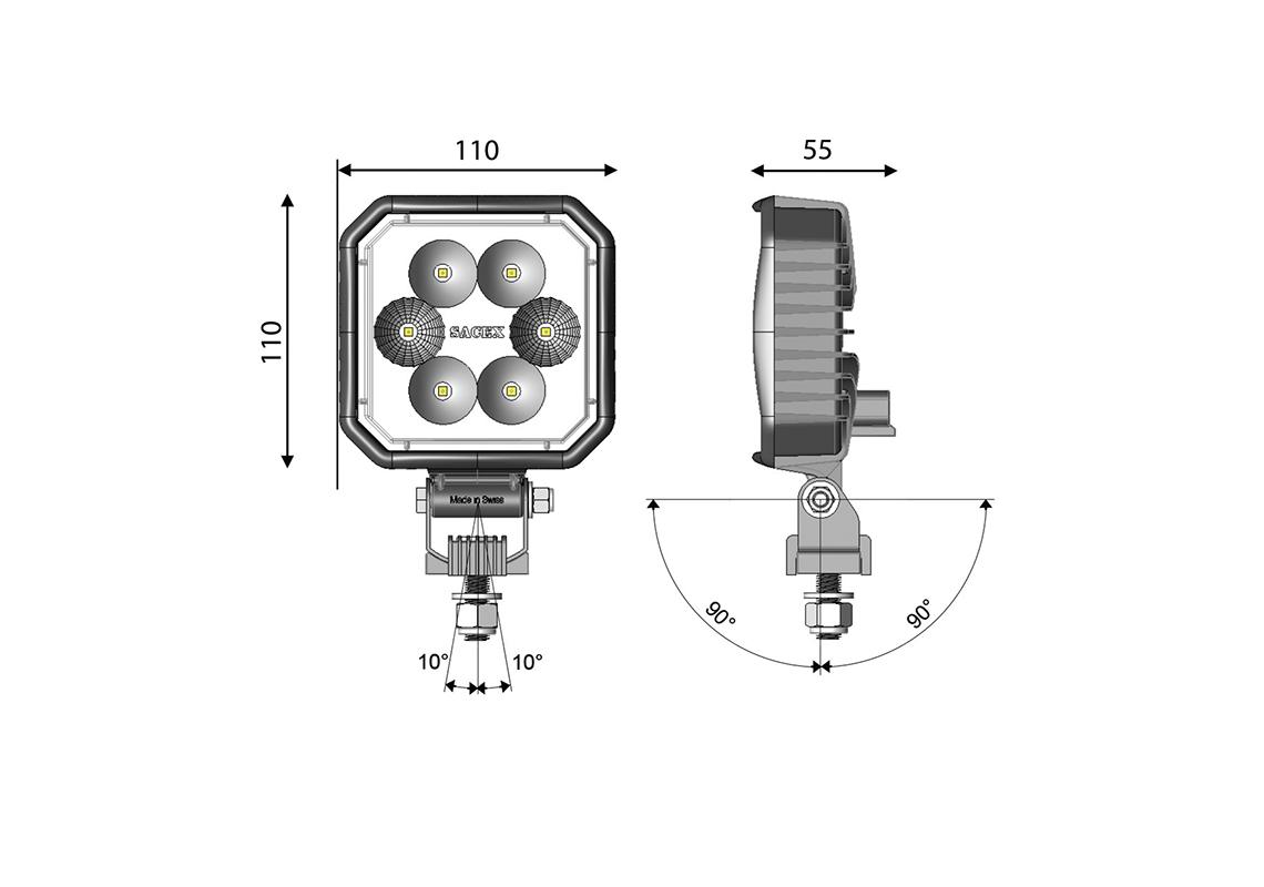 Faro da lavoro LED quadrato 110X110mm - connettore DT